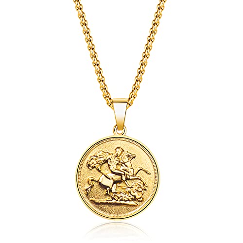 St. George Dragon Slayer Pendant with Solid Chain Stainless Steel Gold Sovereign Coin Necklace for Men/Women 60cm