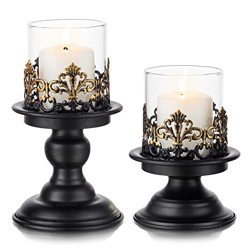 Sziqiqi Black Pillar Candle Holders, with Hurricane Glass, 2 Sizes Set S + L