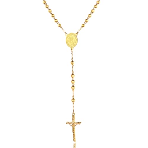 ChainsPro Cross Necklace with Rosary Beads, Crucifix Catholic Necklaces for Men Women, Stainless Steel Chain Prayer Jesus Gift Christian Jewellery 04. St Michael Gold