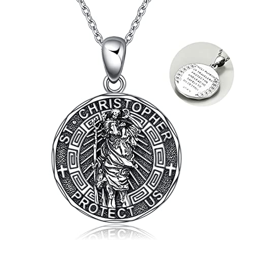 YFN Patron Saint Necklace Sterling Silver Amulet Medal Pendant Religious Jewellery Gift for Men Women 2-St Christopher (Round)-Silver
