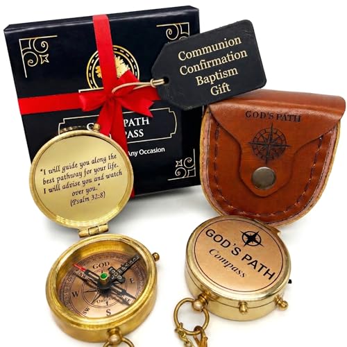 God's Path Compass – Baptism | Communion & Confirmation Gift for Teenage Boys | Christening, Catholic, Religious Graduation Gifts for Men – Greeting Card Included God's Path - Leather Case