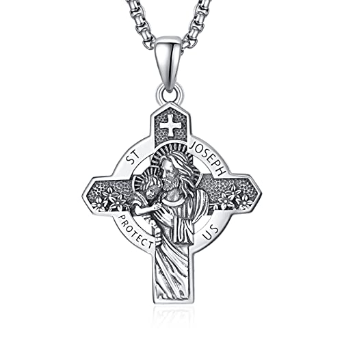 KINGWHYTE St Michael/St Christopher Necklace for Men Women 925 Sterling Silver Saint Protection Medal Protect US Pendant Jewellery Graduation Gifts with Stainless Steel Chain 12-Saint Joseph