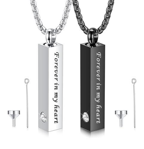 CASSIECA 2 Pcs Urn Necklace for Ashes Men Women Keepsakes for Ashes Black Silver Stainless Steel Bar Pendant Necklace Memorial Cremation Jewelry for Lost Love with Engraved Saying Forever in My Heart