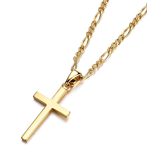 Cross Necklace Men - Cross Pendant Stainless Steel Cross Necklace for Women, Simple Men Necklace Gold Figaro Chain (45/55+ 5cm), Christmas Birthady Religious Gifts for Boy Girls