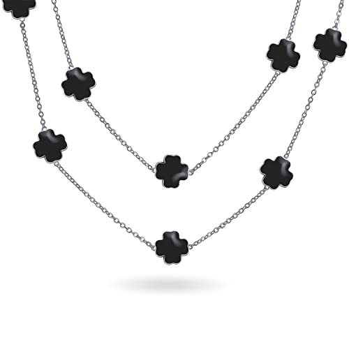 Bling Jewelry White Pink Aqua Blue Black Enamel Flower Long Silver Or Gold Plated Pearlized Enamel Station Chain Wrap Layer Clover Necklace For Women 40 Inch