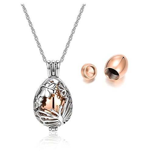 Jovivi Ashes Keepsake Urn Necklace Cremation Jewellery Women, Stainless Steel Memorial Hollow Butterfly and Flowers Teardrop Ash Hair Locket Pendant Chain,w/Funnel Kit