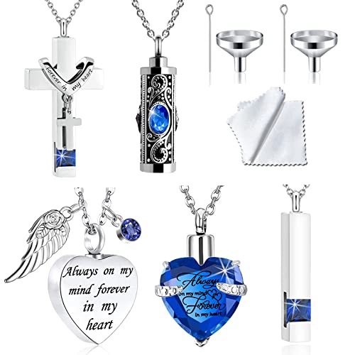 weikui 5 Pieces Cremation Urn Necklace Heart for Ashes Crystal Heart/Cross/Cylinder/Cubic Memorial Locket Stainless Steel Pendant Necklace for Women Men Keepsake 5 Piece Set - Blue