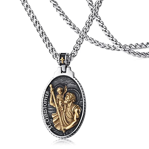 Gold St Saint Christopher Michael Medal Pendant Necklace Jewellery Gift for Men Boys 60cm Oval-two Tone