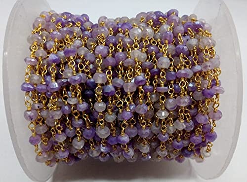 LKBEADS 5 Feet White Rainbow Moonstone Mystic Purple Coated Rosary Beaded Chain - Vermeil Chain Or 24K Gold Plated Chain - Beads Size 3-4mm