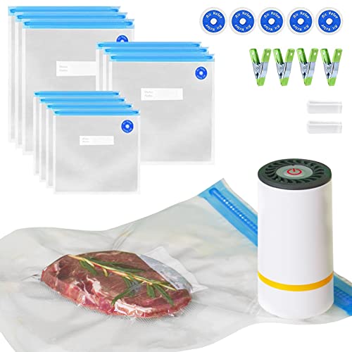 Electric Food Vacuum Sealer with Reusable Vacuum Food Storage Bags for Sous Vide Cooker -10 PCS Reusable Vacuum Sealer Bags, 4 Clips & 2 Sealing Clips, Rechargeable Vacuum Sealer Set