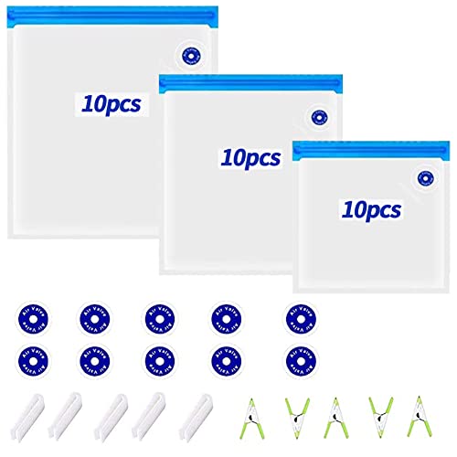 30 PCS Reusable Vacuum Sealer Sous Vide Bags for Food with 5 Cooking Clips, 5 Sealing Clips, 3 Sizes Vacuum Food Storage Bags with 10 Replacement Air Valves Suitable for Sous Vide Cooker