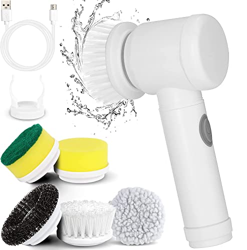 Electric Spin Scrubber, Waterproof Electric Cleaning Brush with 5 Replaceable Brush Heads, Rechargeable Scrub Brush Bathroom Shower Scrubber Cleaning Tool for Bathtub Sink Tile Grout Stove Cooker Dish
