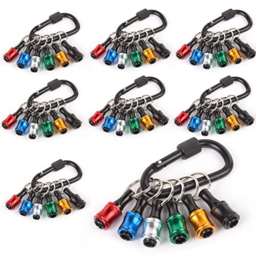 Katerk Portable 1/4 in Hex Shank Drill Bit Holder 8 Sets (48 pcs), Light-Weight Extension Bar Keychain Adapter, Quick-Change Screwdriver Bits Retainer for Tool Pouch (6 Colors Black Carabiner) Multicolor