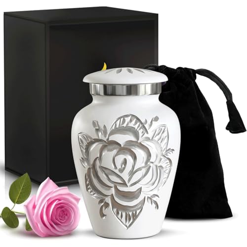 Cremation Urn for Ashes - Handcrafted Large Urn for Ashes with Velvet Bag - Adult Urns for Human Ashes Men & women Remains - Honour Your Loved One with Rose Urns For Ashes Adult (Pearl White, Small) S Pearl White
