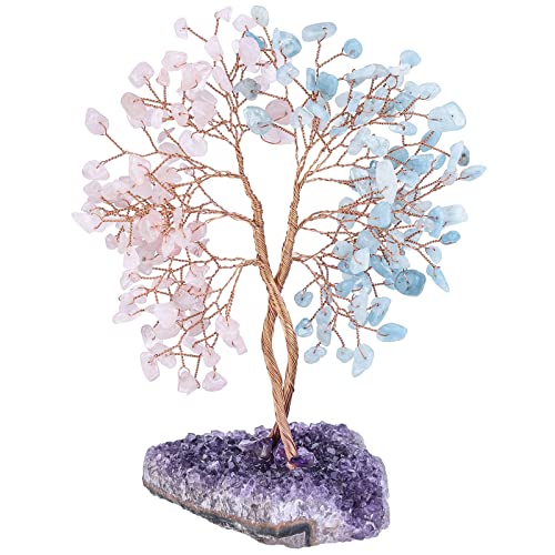 KYEYGWO 6" Aquamarine & Rose Quartz Crystal Money Tree for Wealth Good Luck Pink & Blue