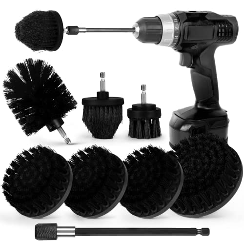 Drill Brush Attachment Set, 7 Pack 1/4in Power Scrubber Brush + Extend Long Attachment, Brush Drill Attachment, Power Cleaning Scrub Brush for Bathroom, Tub, Tile, Corner, Floor（Black） Black