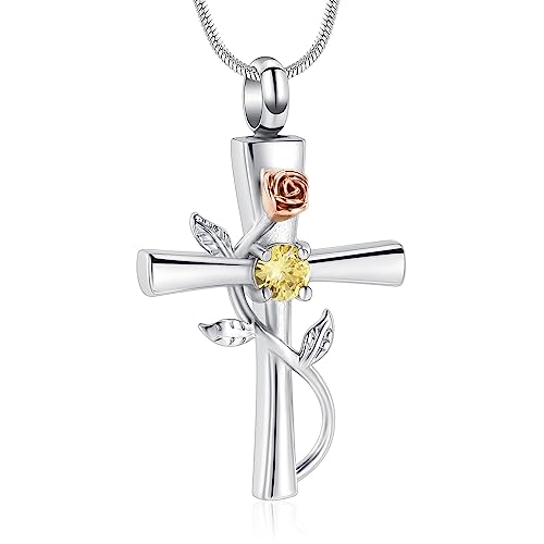 Minicremation Cross Urn Necklace for Ashes Birthstone Rose Flower Cremation Jewelry for Women Gilrs Keepsake Memorial Ashes Pendant Gold