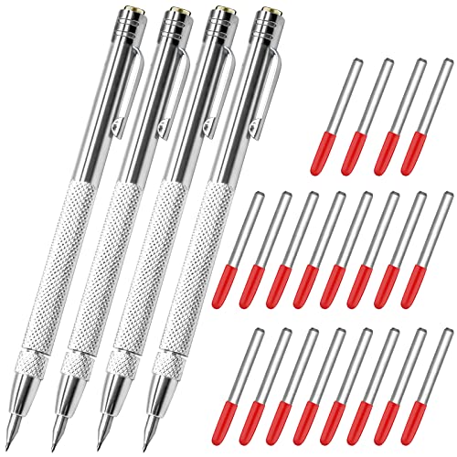 4 Pcs Tungsten Carbide Etching Tool with 20 Replacement Tips, Aluminium Carbide Engraving Pen With Clip, Metal Engraving Tool for Glass Ceramics and Hardened Steel Sheet silver
