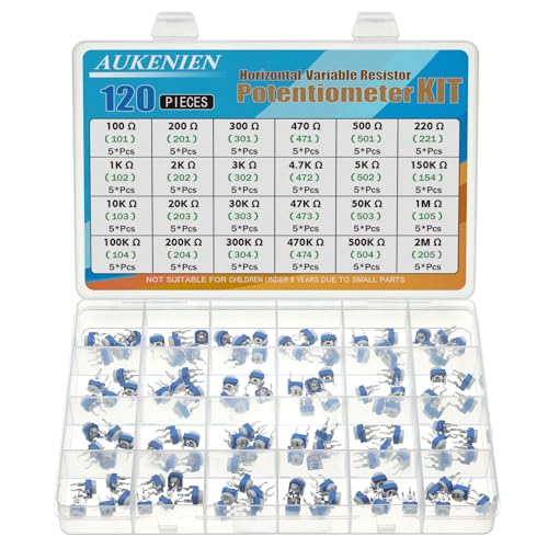 AUKENIEN 24 Values 120pcs Variable Resistor Potentiometer Assortment Kit 100 to 2M Ohm Blue and White Horizontal Adjustable Resistor Horizontal Variable Resistor
