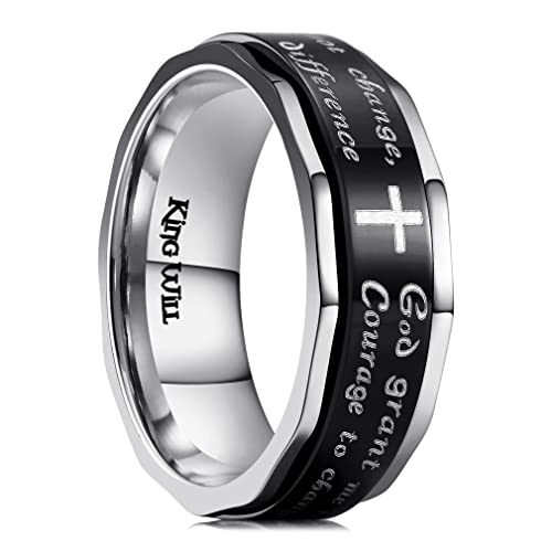 King Will 8mm Prayer Cross Ring Basic/Spinner Stainless Steel Ring Gold Silver Wedding Band Bible Engraved Rings High Polished P 1/2(56.97mm) Stainless Spinner B - Silver & Black Hammered Edge