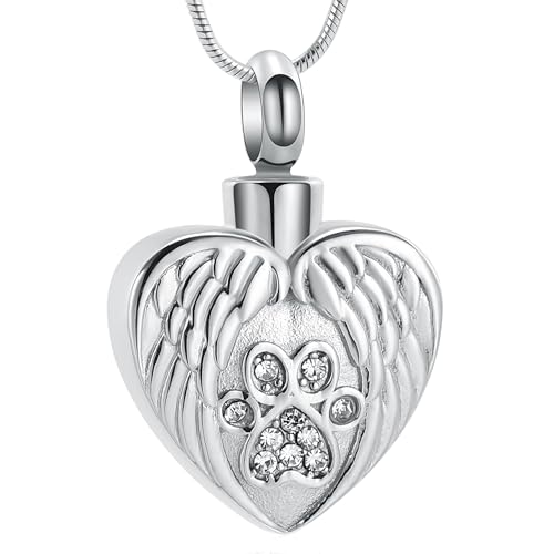 Cremation Jewelry Urn Necklace for Ashes for Pet Dog Paw Print Angel Wing Heart Urn Locket Pendant for Dog/Cat (Silver) Silver