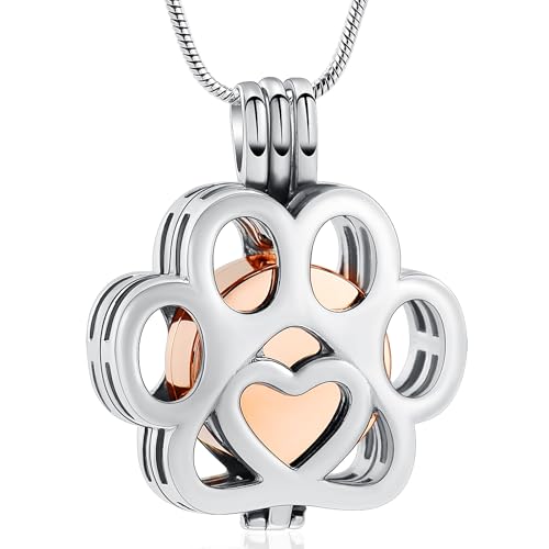 Cremation Jewelry for Ashes For Dog/Cat Paw Print Stainless Steel Memorial Locket Urn Necklace Inside Mini Case Keepsake for Pet A-Silver+Rose Gold