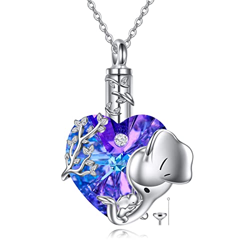 VONALA Elephant Urn Necklace for Ashes 925 Sterling Silver Heart Crystal Cremation Jewellery for Ashes Memorial Keepsake Jewellery Gifts for Women Mom