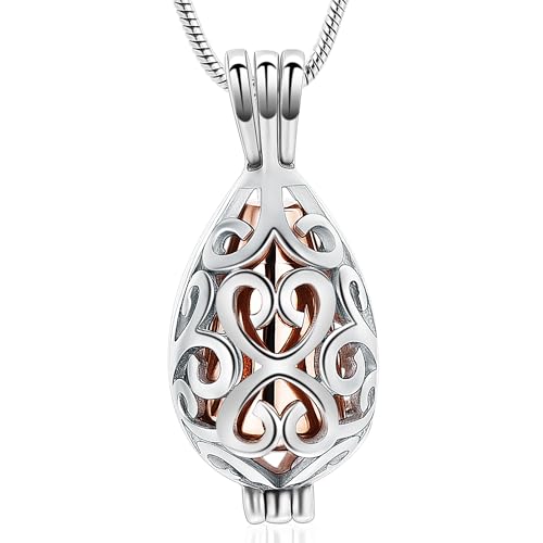 Hollow Jar Urn Necklace for Ashes Forever in my heart Teardrop Memorial Locket Pendant Cremation Jewelry for Women Men Silver-Rose