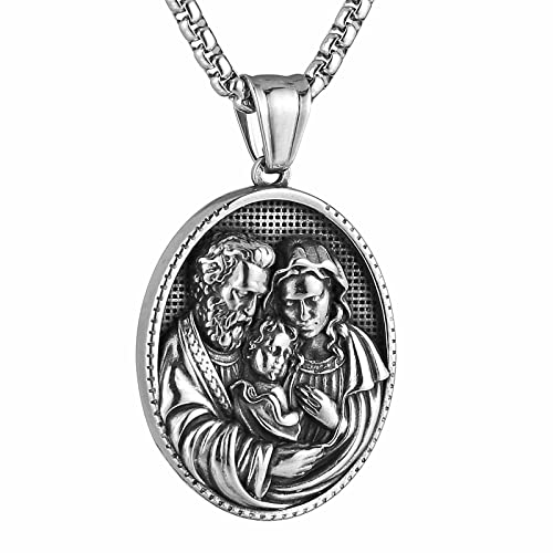HZMAN Stainless Steel St Joseph/Mary/Jesus Necklace for Men Women Christian Medal Amulet Pendant Jewelry Gift Silver