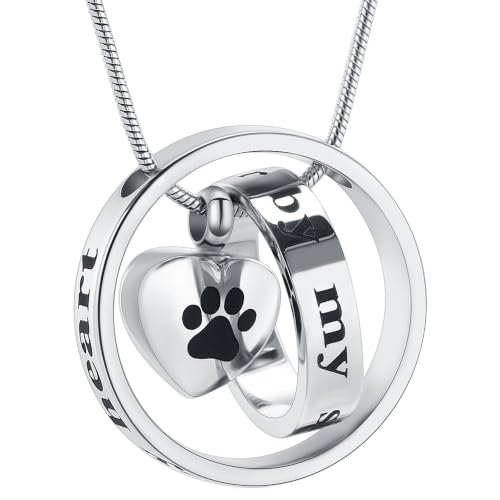 Cremation Urn Neckalce for Ashes for Dog/Cat,Forever in My Heart,No Longer by My Side,Funeral Keepsake Urn Necklace Paw Print Memorial Necklace (C) Silver