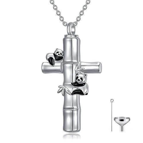 TOUPOP Panda Urn Necklace for Ashes Sterling Silver Memorial Keepsake Cremation Jewelry Gifts Cross Urn Pendant Panda Bear Jewelry for Aahes Gifts for Panda Lover Birthday Gifts for Women Daughter Mom