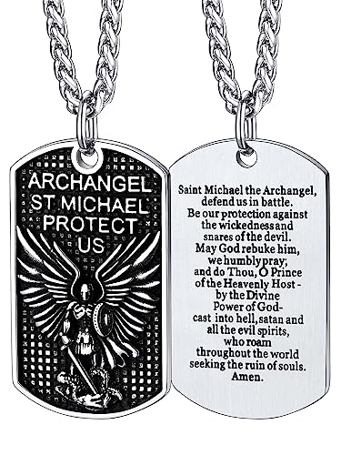 FaithHeart Saint Michael Necklace, Stainless Steel Archangel St Michael Shield/Coin/Dog Tag Pendant Necklaces for Men, Catholic Prayer Jewellery - With Gift Box Dog Tag-Steel