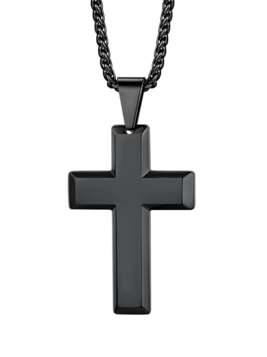 Supcare Cross Necklace for Men Women, Stainless Steel Plain/Bible Cross Pendant Necklaces Gold/Black, Adjustable Sturdy Chain 22+2Inches - With Gift Box Black