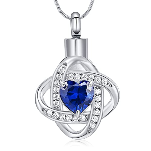 Minicremation Cremation Heart Urn Necklace Ashes Love Heart Pendant Birthstone Necklace Jewellery Gifts for Women Girl Keepsake Pendant Memorial Locket Ash Silver-Blue