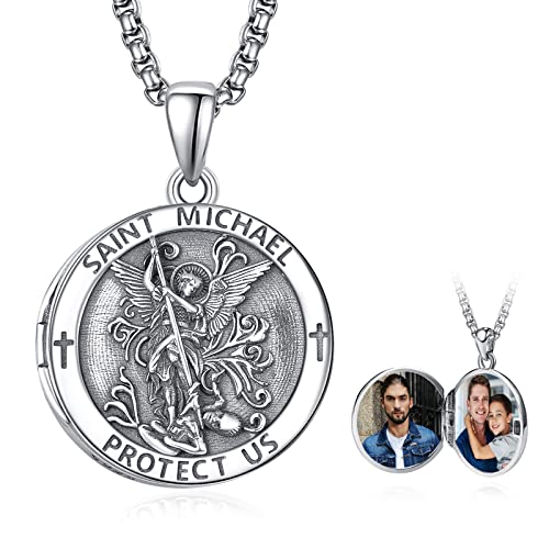 ADMETUS Locket St Michael Necklace for Men Sterling Silver Locket Saint Michael Necklace for Men Double Sided Round St Archangel Michael Pendant Sigil Protection Jewellery Religious Gifts