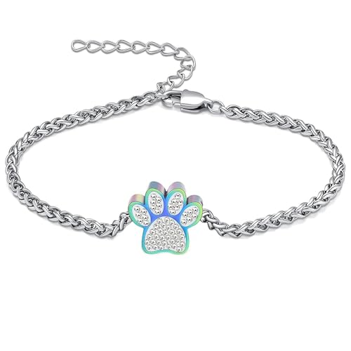 Paw Print Urn Bracelet for Ashes Dog/Cat Stainless Steel Cremation Jewelry Memorial Keepsake Adjustable Bracelets for Ash Holder Colorful