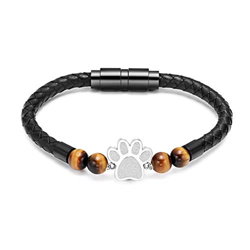 Minicremation Paw Print Urn Bracelet Cremation Jewelry Lava Stone Urn Bracelet for Ashes for Women Men Chakra Healing Balancing Genuine Leather Memorial Bracelets Black-24CM