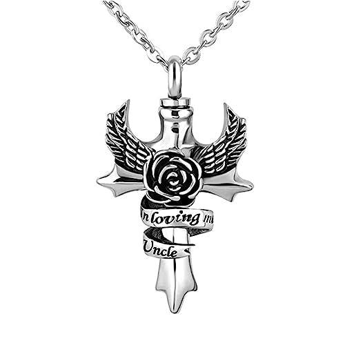 LSxAB In Loving Memory of Mom Dad Grandma Grandpa Cremation Urn Necklaces for Ashes Angel Wing Cross Family Memorial Keepsake Pendant to Hold Ashes Uncle