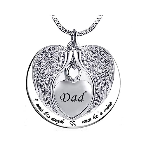 LSxAB Heart Angel Wing Cremation Urn Memorial Necklaces for Ashes Women Men Keepsake Pendant Ashes Holder - I was His Angel Now He's Mine Dad