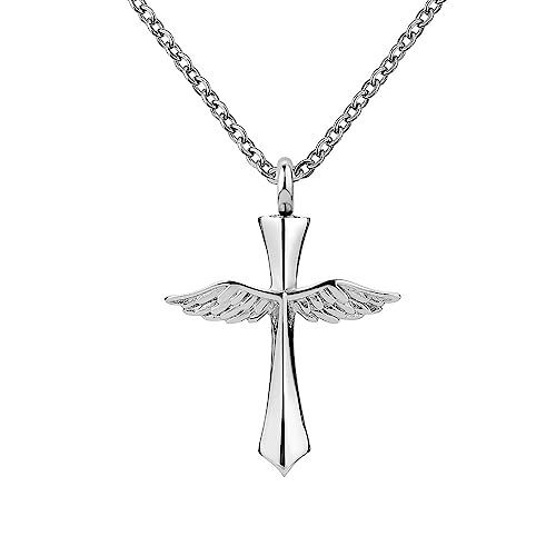 LSxAB Angel Wing Cross Cremation Urn Necklace for Pet Human Ashes Memorial Jewelry Keepsake Pendant Stainless Steel Necklaces