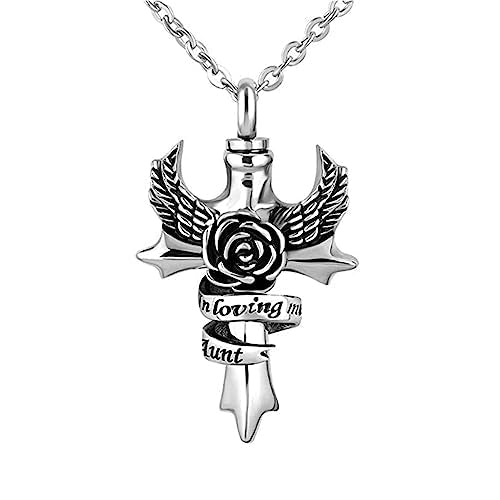LSxAB In Loving Memory of Mom Dad Grandma Grandpa Cremation Urn Necklaces for Ashes Angel Wing Cross Family Memorial Keepsake Pendant to Hold Ashes Aunt