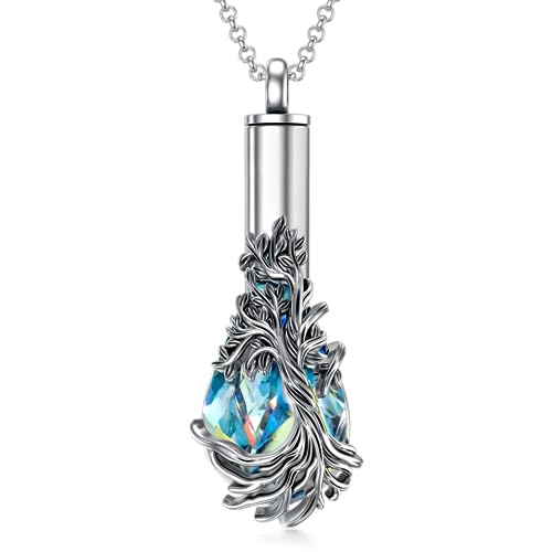 Teardrop Tree Of Life Urn Necklace for Ashes for Women Sterling Silver Cremation Memorial Crystal Jewellry with Funnel Filler
