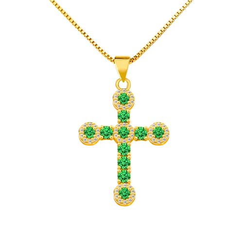 Emerald Green CZ Gold Cross Necklace Women Luxury Prayer Pendant God Jesus Love Dangle Sparkle Family Friends Mother Day Anniversary Birthday