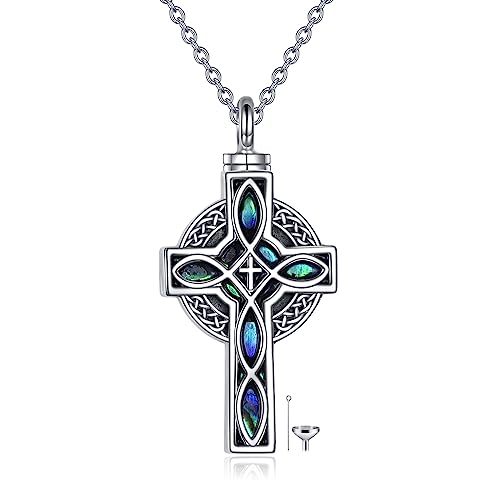 YFN Celtic Cross Urn Necklace Sterling Silver Celtic Knot Ashes Pendant Abalone Shell Cross Cremation Jewellery Gifts for Women Men