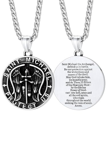 FaithHeart Saint Michael Necklace, Stainless Steel Archangel St Michael Shield/Coin/Dog Tag Pendant Necklaces for Men, Catholic Prayer Jewellery - With Gift Box Coin-Steel