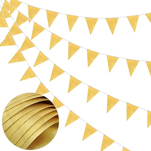 Gold Fabric Bunting, 66 Feet Banners with 52 Waterproof Reusable Triangle Flags for Mother's Day, Birthday, Wedding, Home, Outdoor Party Decoration Gold