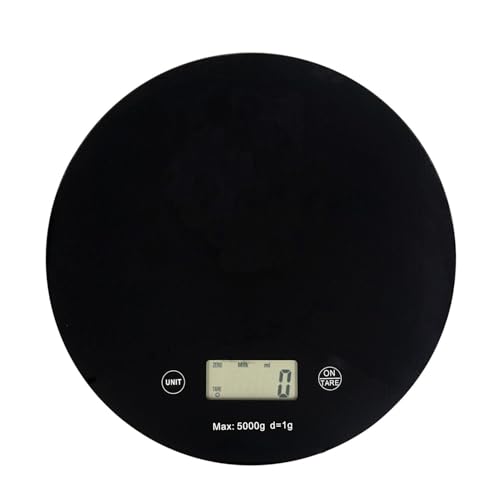 Intirilife Kitchen Scale, Digital Round Food Scale with LCD Display, in Black, made of Glass and ABS Plastic - Max. 5 Kg - 20 x 1.6 cm - Electronic Household Appliance, Batteries Included