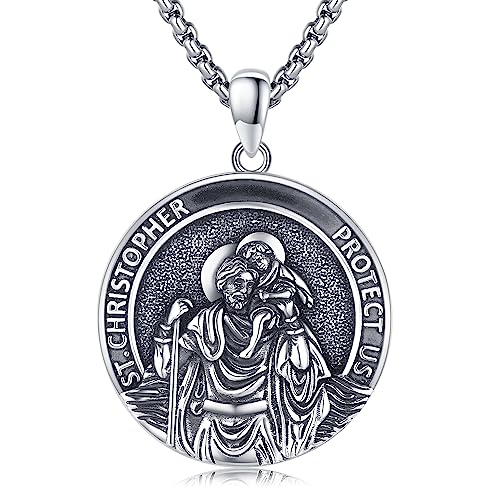 Midir&Etain 925 Sterling Silver Saint Patron Medal Necklace Religious Protection Jewellery Gifts for Women Men 22" Chain A06-St Christopher