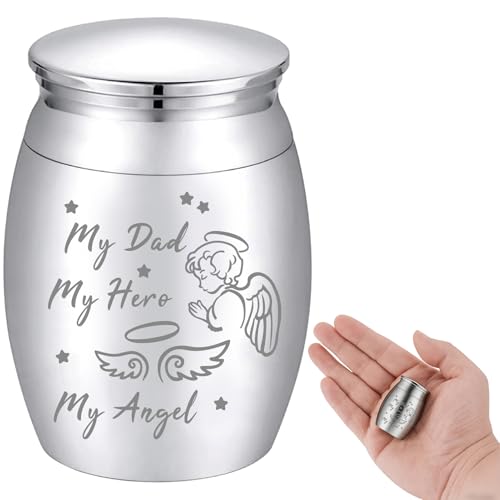 CREATCABIN Mini Cremation Urn Small Keepsake Urns Ashes Alloy Kit My Dad Hero Angel Metal Sharing Urn Memorials Miniatur Container Remains for Female Male Human Pets Angel & Fairy 1.6x1.2 Inch(Silver) Silver-Angel&Fairy