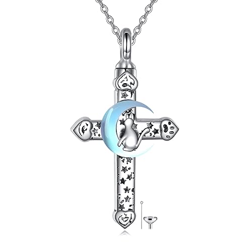 POPLYKE Pet Cat Cremation Jewelry for Ashes Sterling Silver Memorial Ash Jewelry Keepsake Urn Pendants for Animal Ashes Necklace Cross